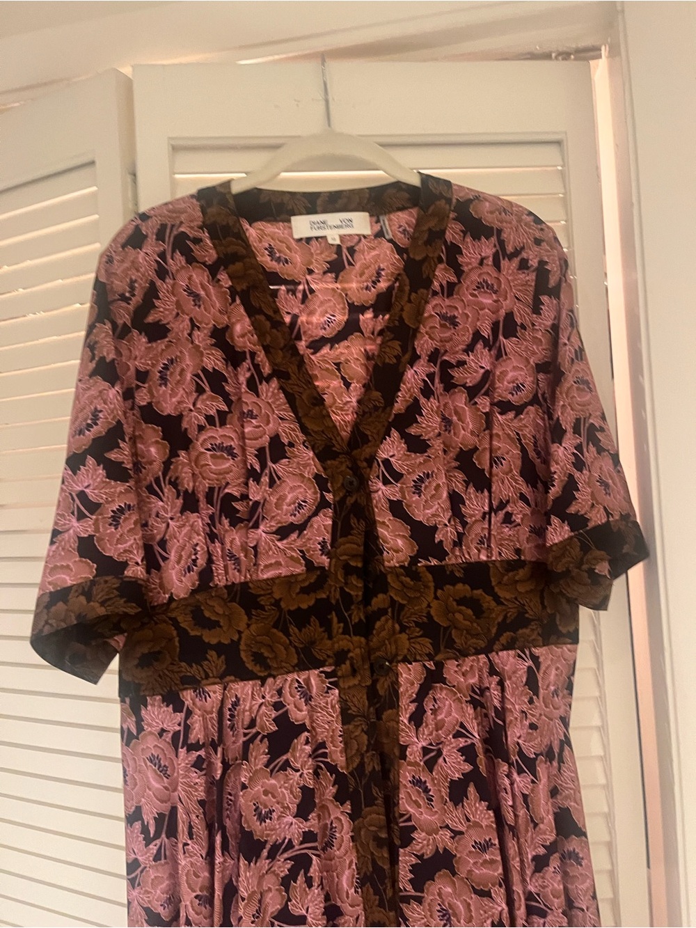 Diane Von Furstenberg Floral V-Neck Midi Shirt Dress in Pinks and Browns
